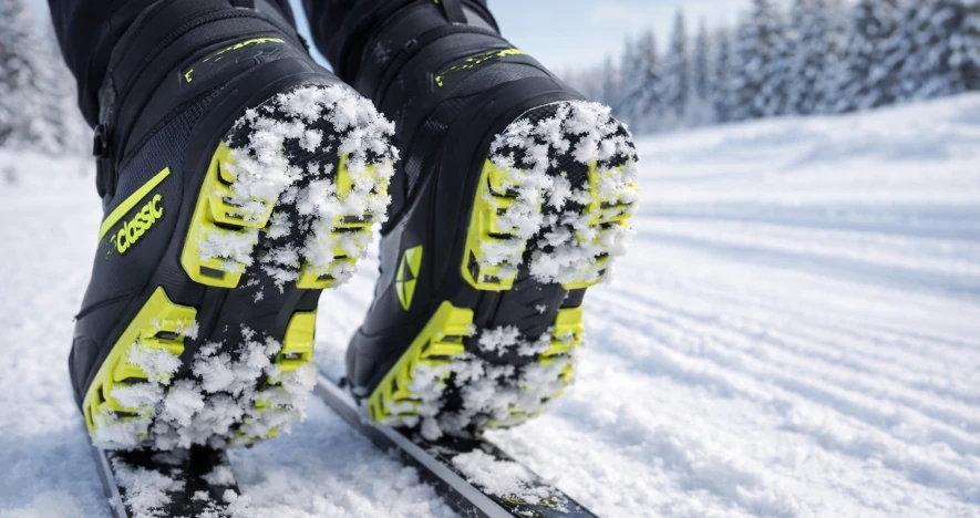 Snö sitter fast under längdåkningspjäxorna